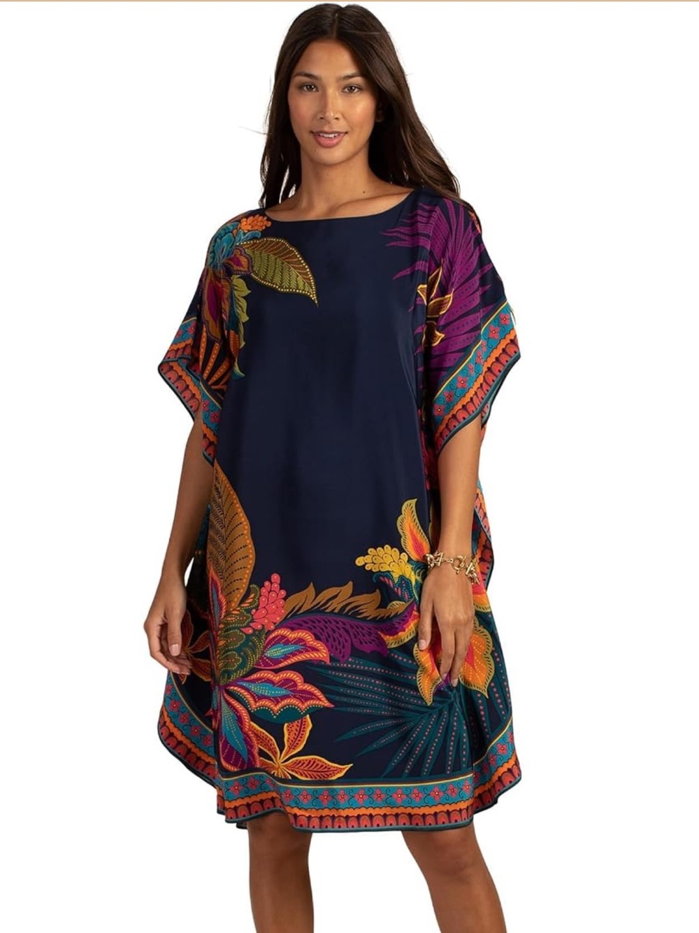 NWT Trina Turk 100% Silk Tropical Floral Kaftan Caftan Mini Dress Navy XS